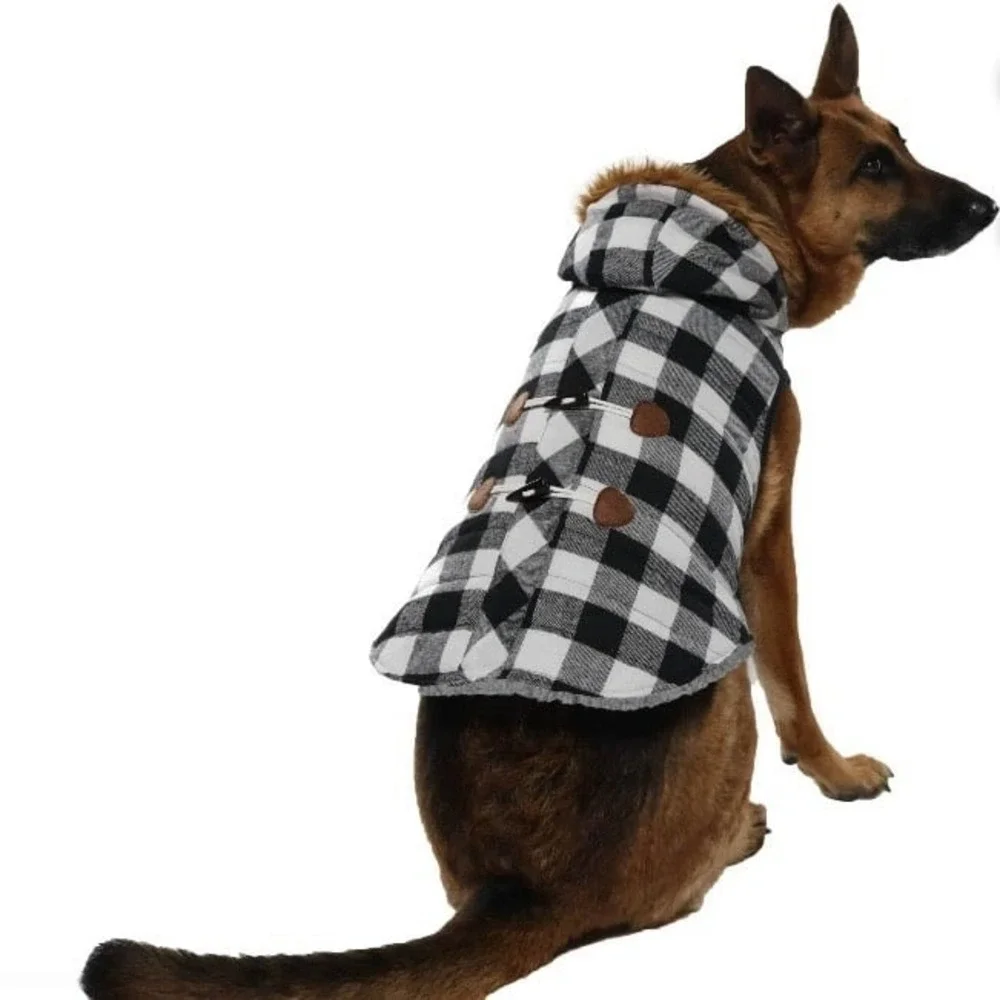 Vibrant Life Dog Coat Jacket Clothes Black & White Buffalo Plaid Peacoat Sz L